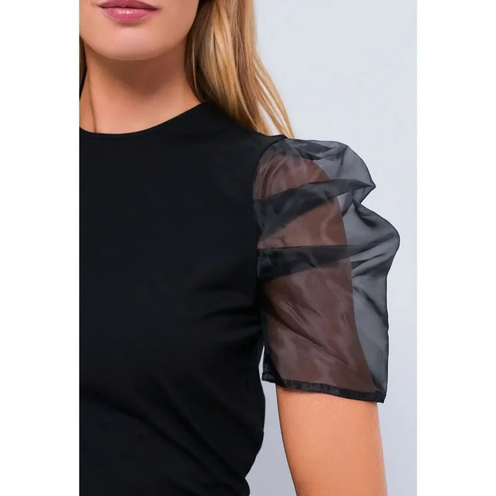 Hyacinth House by Tuckernuck Black Tulle Sleeve Darby Blouse Small 23307